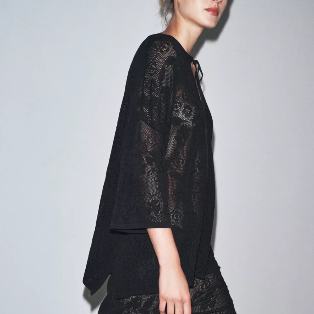 Zara NWT black oversized textured knit tunic top floral embroidery - coverup - Picture 5 of 10